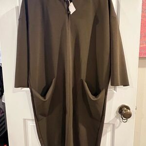 Olive Green Long Coat with Pockets
